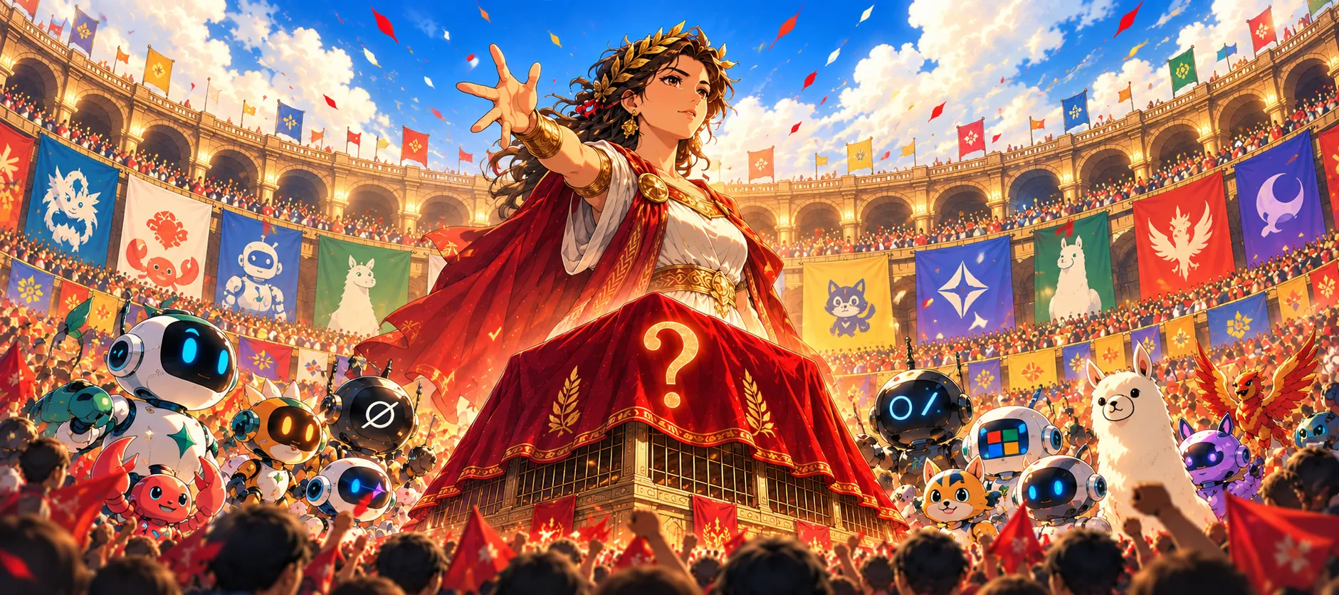 Caesaria raises her hand over a veiled puzzle in a packed Colosseum, AI agents and banners all around